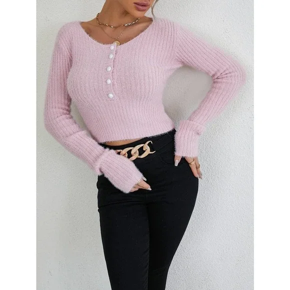 Button Front Scoop Neck soft  Rib knit Sweater pastel pink - Picture 3 of 11